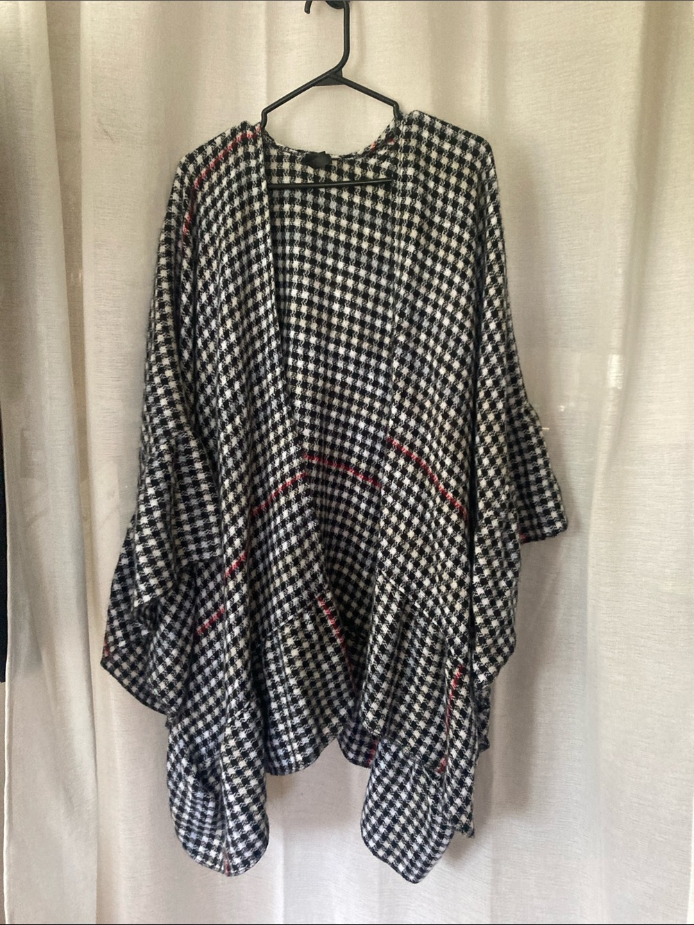 torrid Black & White Houndstooth Open-Front Poncho with Red Accents
